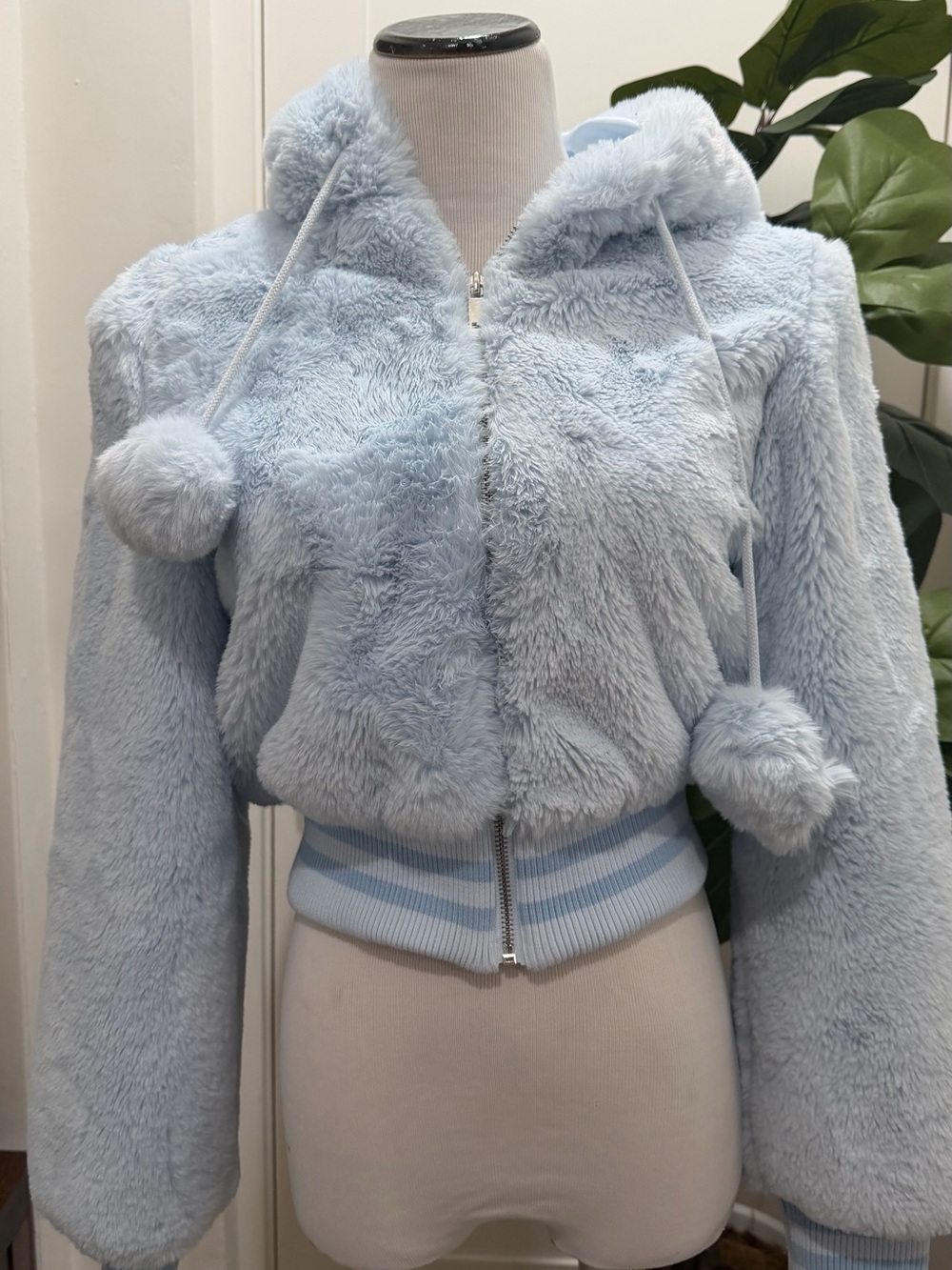 Forever 21 Baby Blue Plush Pom-Pom Hooded Jacket [FIXED]